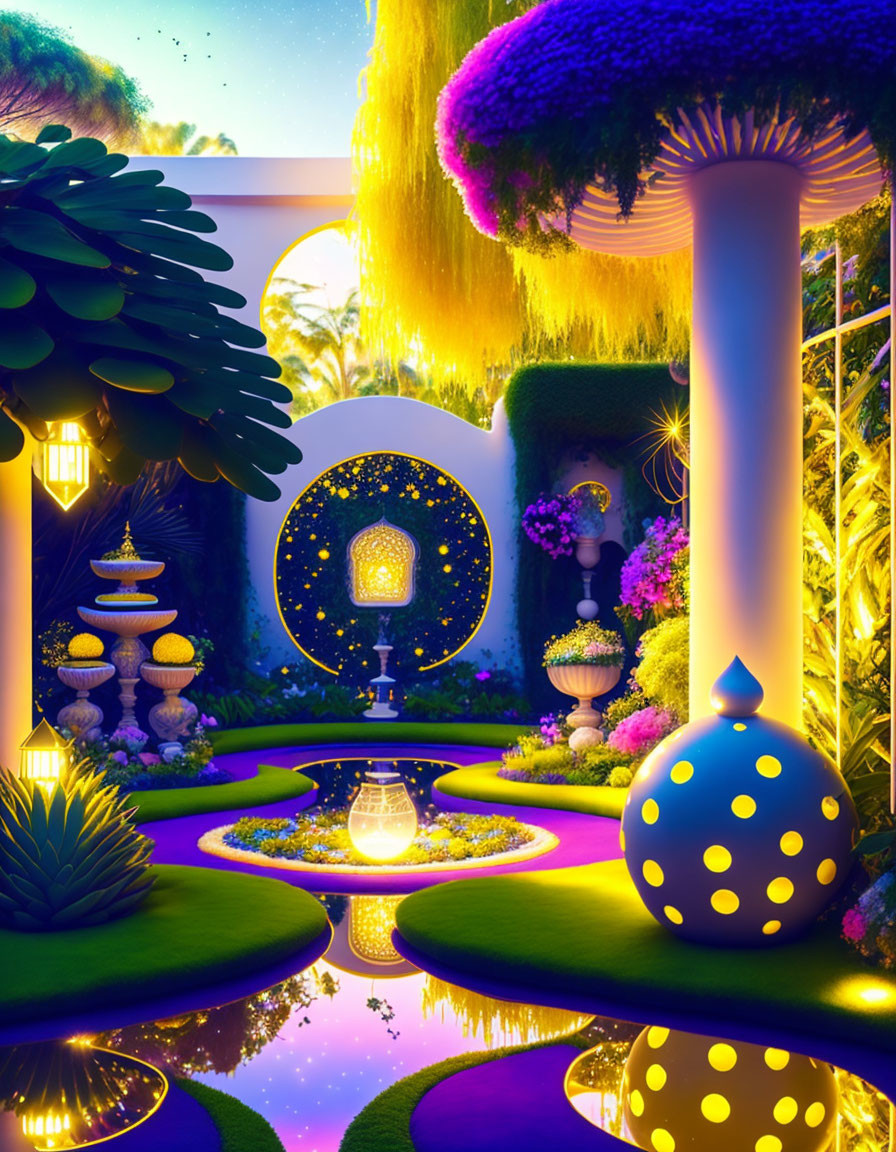 Twilight garden with glowing mushrooms, reflective ponds, and sculptural elements