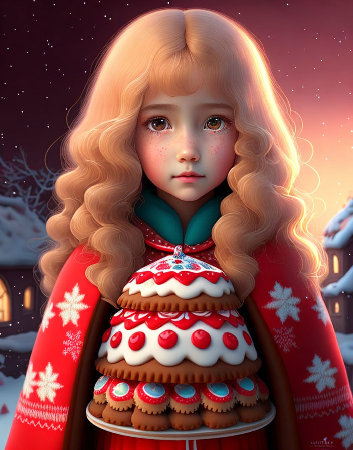 Blonde girl in Christmas cake coat against snowy village