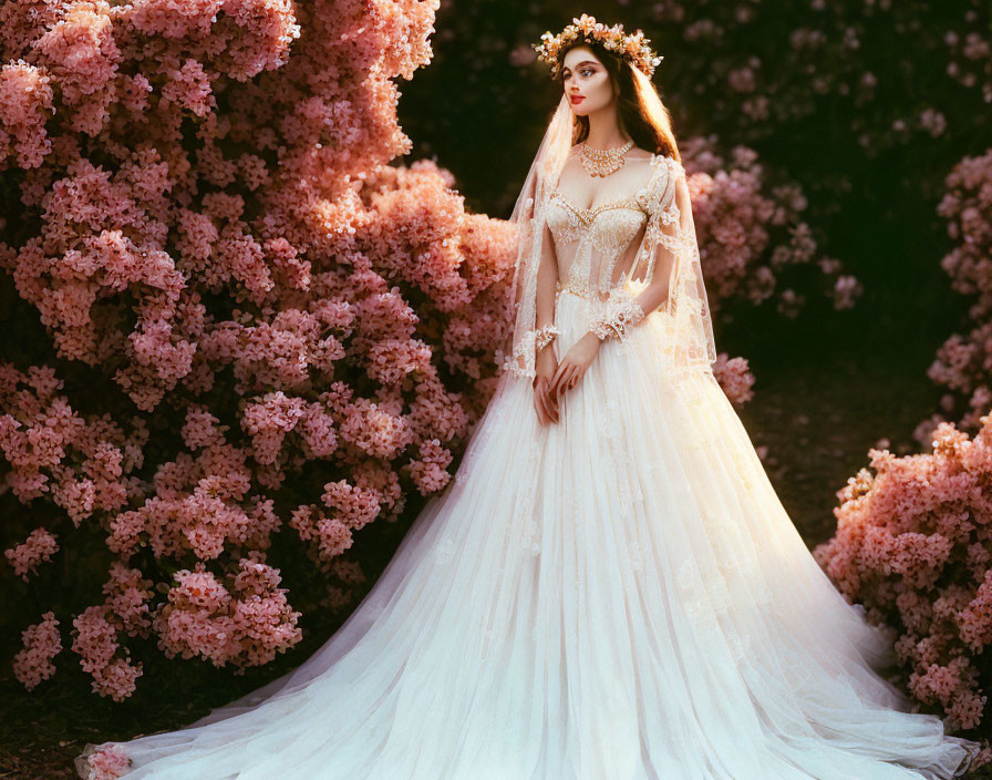 Bride in white lace gown with floral crown among pink bushes