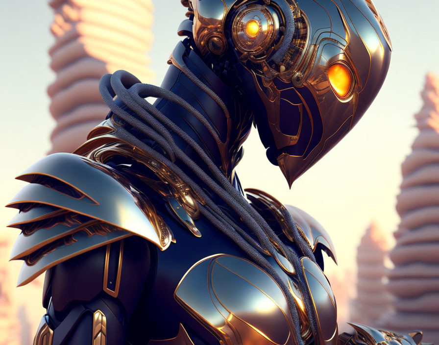 Intricate golden and black armored robot with glowing orange eyes in futuristic setting