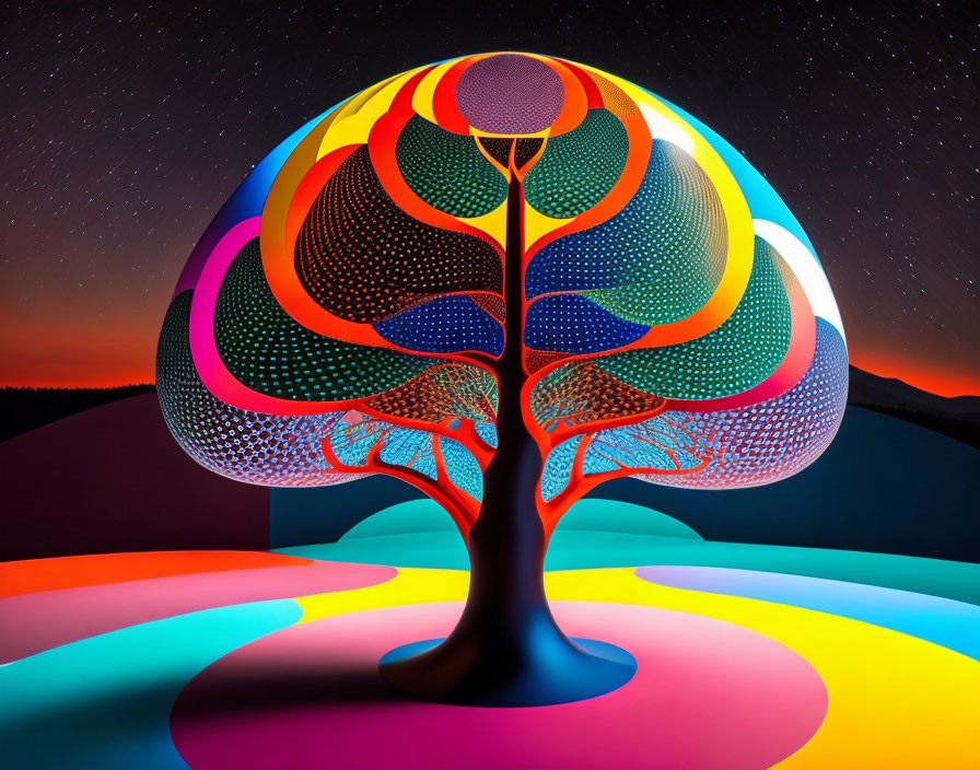 Colorful digital artwork: Stylized tree with multicolored leaves against dusk sky