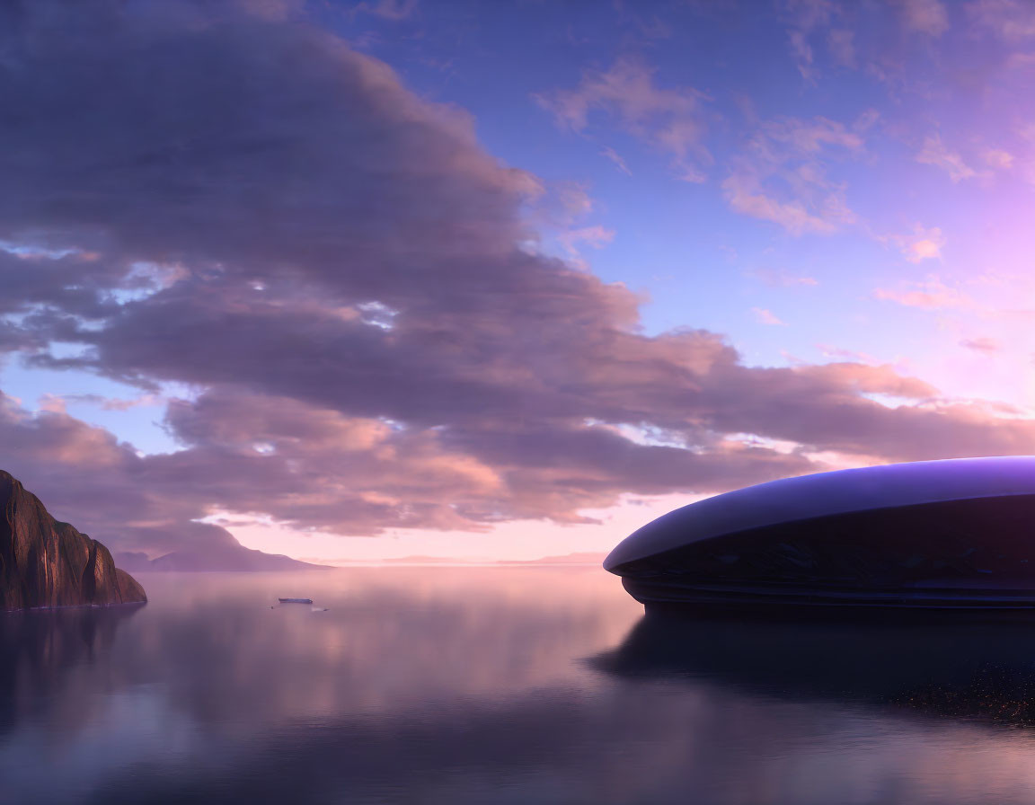 Futuristic oval building by tranquil sea and cliffs at sunset