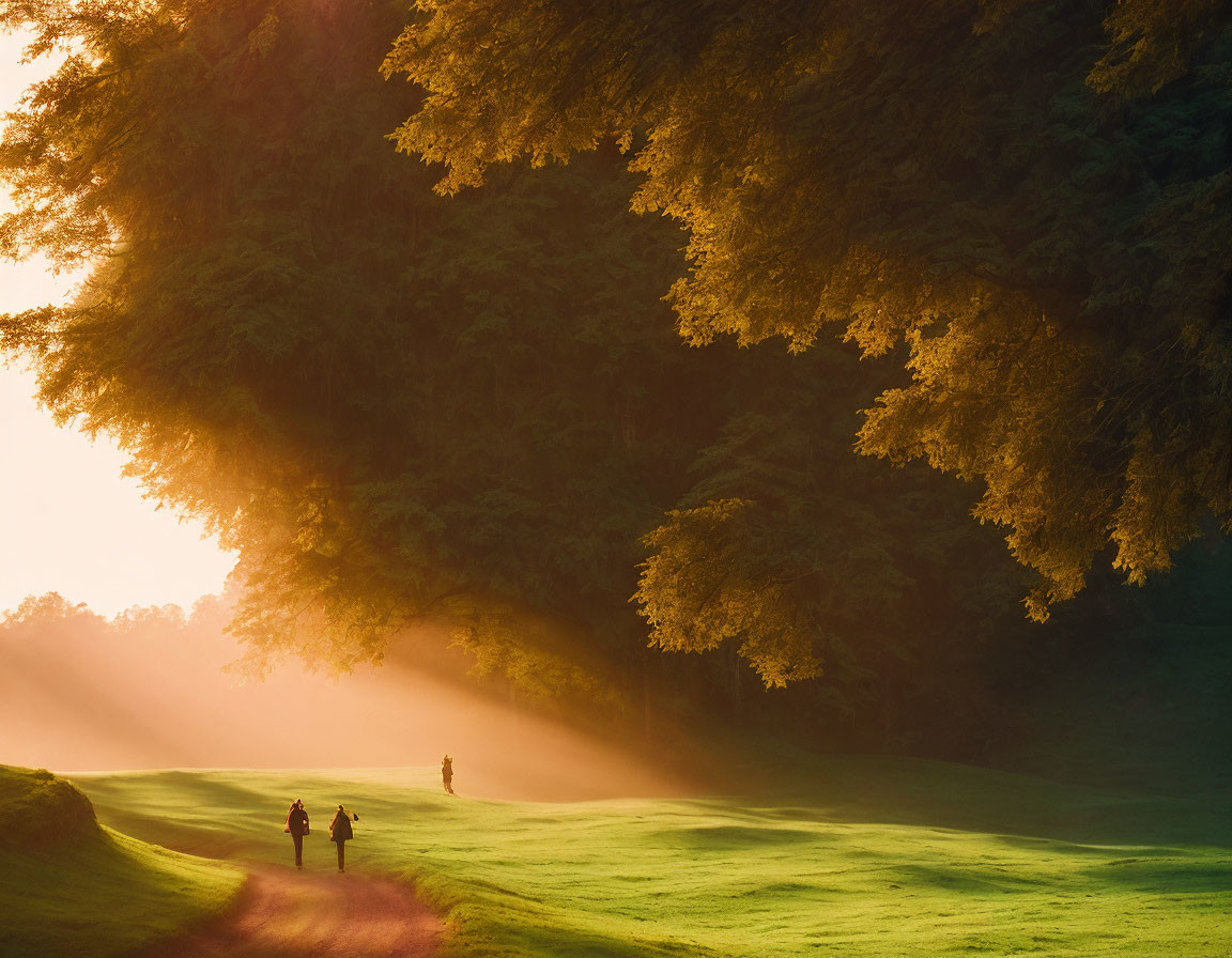 Grassy Path with Sunlight Through Trees and Long Shadows