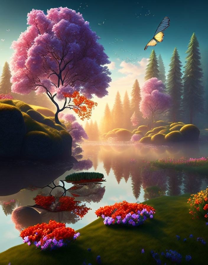 Colorful pink tree landscape with reflective lake and butterfly under soft sunset glow