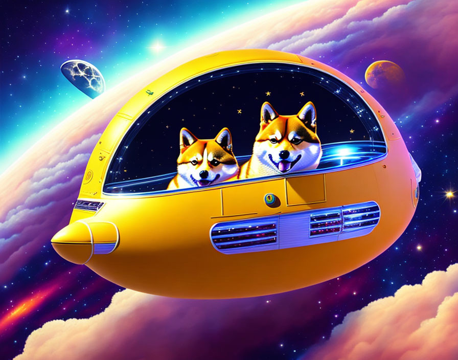 Two Shiba Inu Dogs in Yellow Spaceship Soaring Through Colorful Space