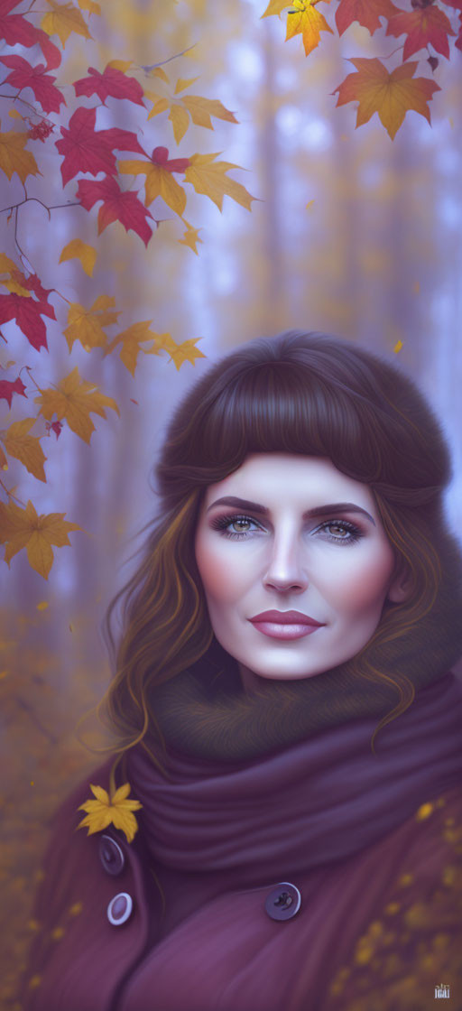 Brown-haired woman in purple scarf with blue eyes, surrounded by red autumn leaves