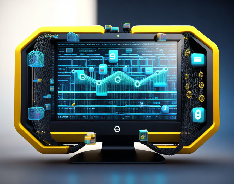 Yellow Tablet Showing Futuristic Data Charts and Graphs on Digital Interface