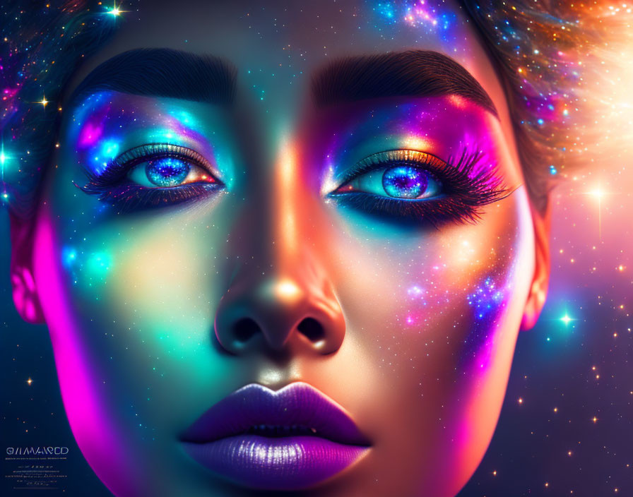 Close-Up Woman's Face with Cosmic Theme and Vibrant Space Colors