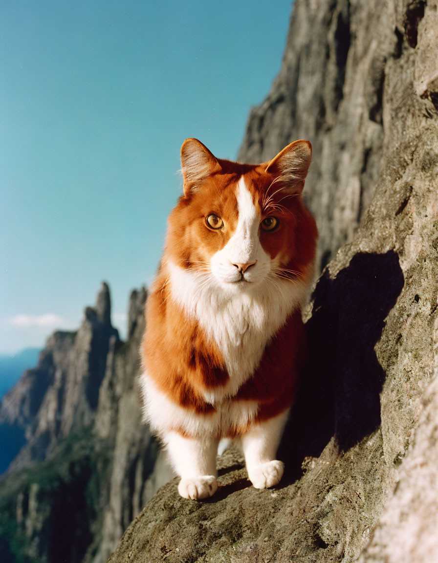 Orange and White Cat with Amber Eyes on Rocky Ledge Amid Mountain Peaks