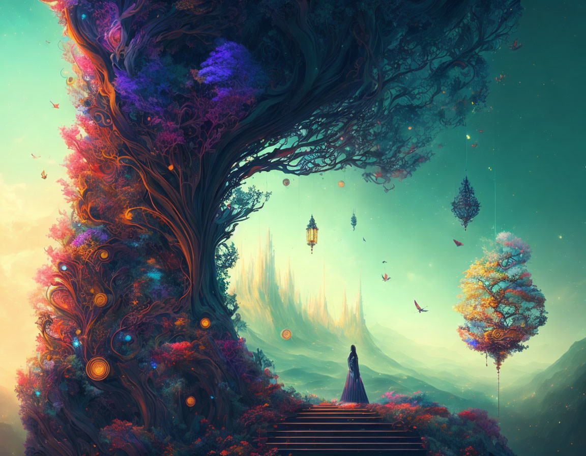 Mystical landscape with grand tree, floating islands, figure, vibrant colors, stairway, lantern