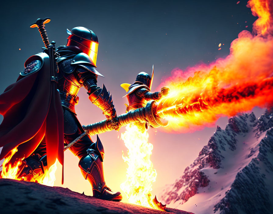 Futuristic knight in armor fires fiery blast on snowy mountain