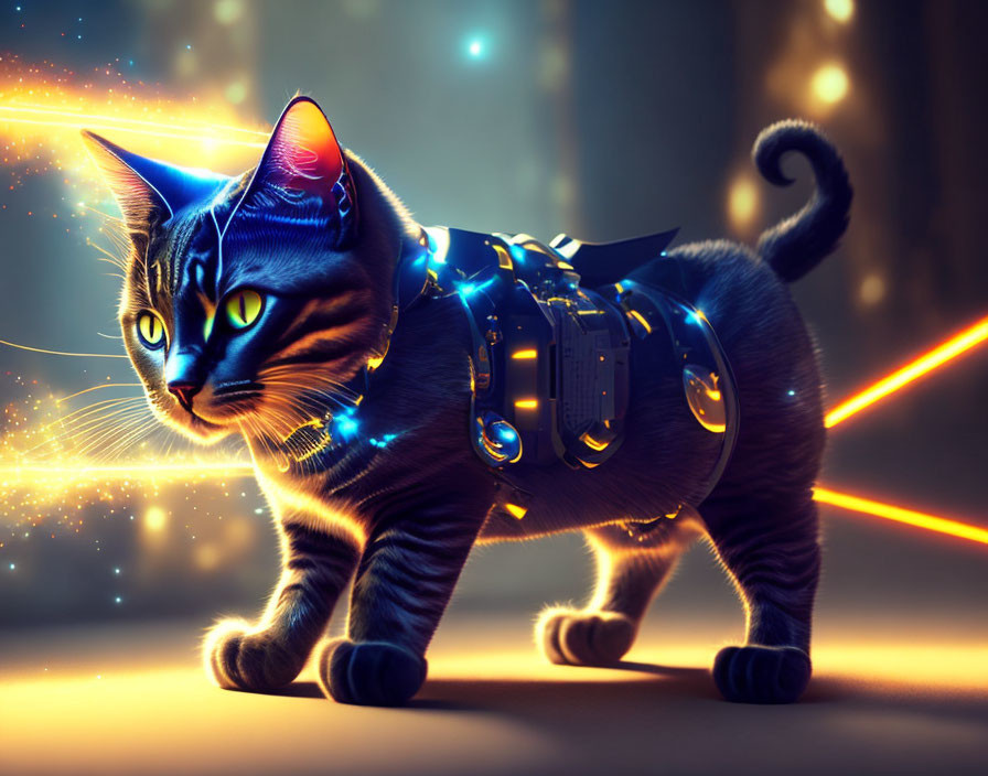 Cat in sci-fi harness with glowing effect in warm light