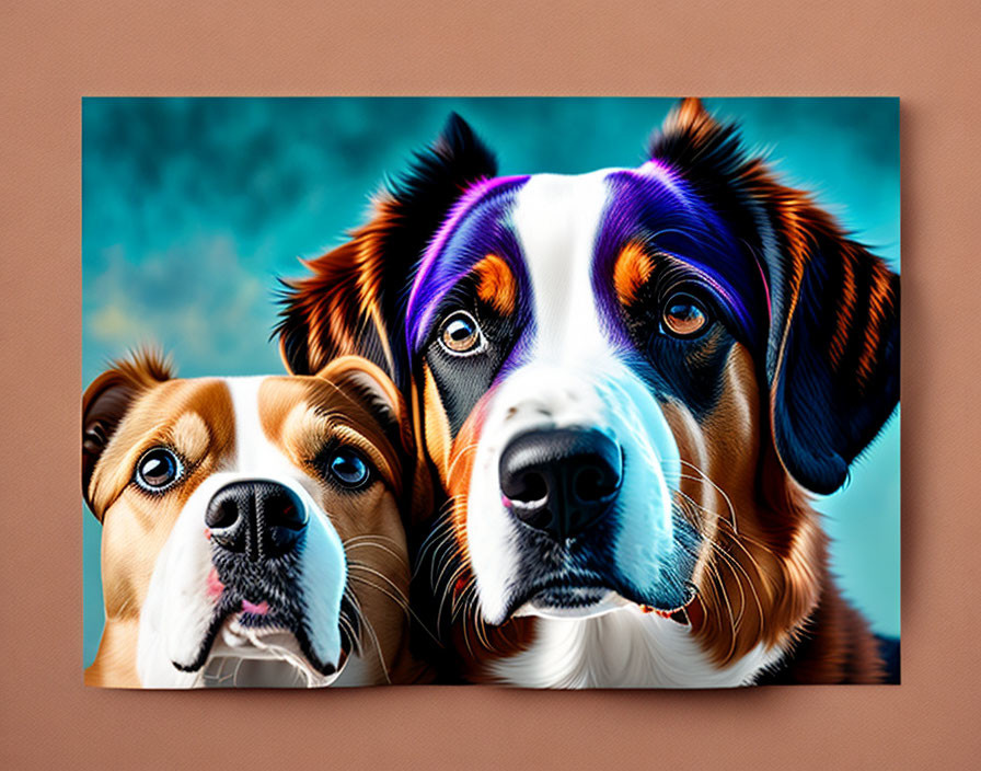 Colorful Dog Portrait on Canvas Against Peach Wall