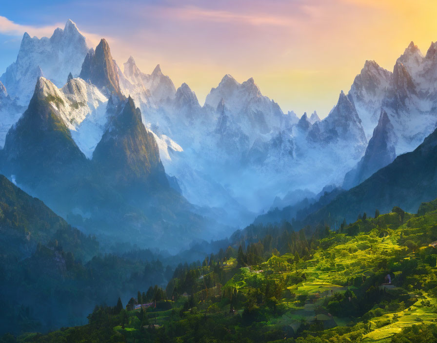 Snowy Peaks and Green Valley in Sunrise Mist