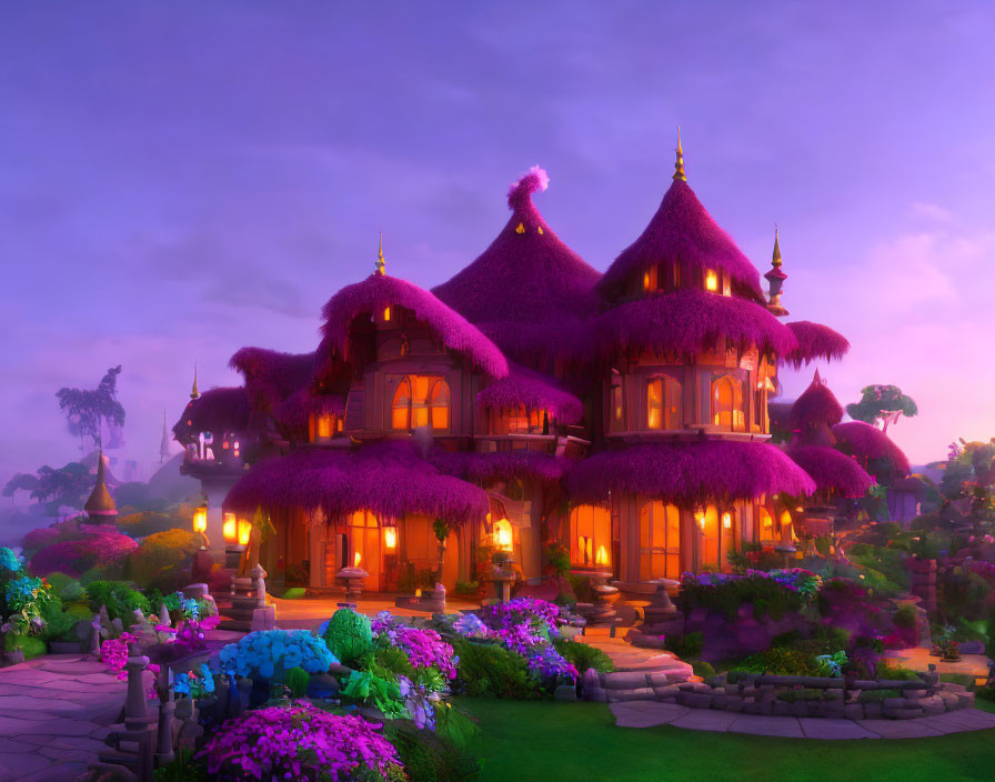 Purple-thatched fairytale cottage in magical twilight garden