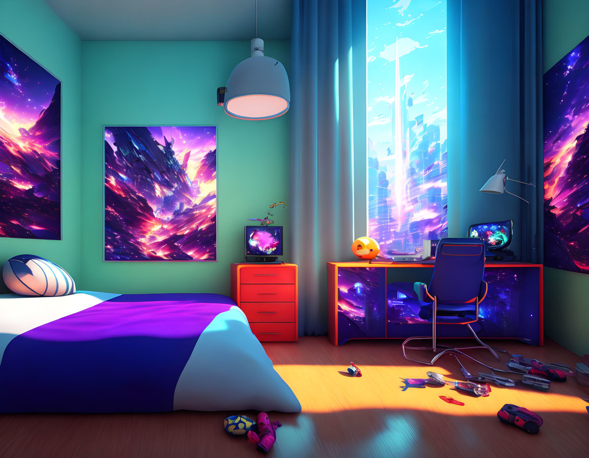 Vibrant modern bedroom with bed, desk, toys, computer, and neon cityscape view