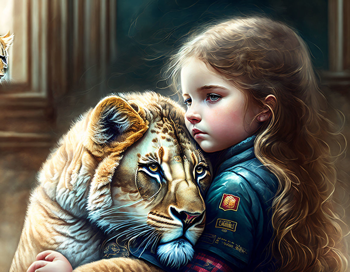 Young girl embraces tiger in warm-toned setting