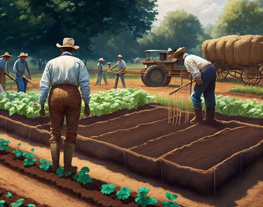 Rural scene with farmers tilling soil and tending crops by tractor