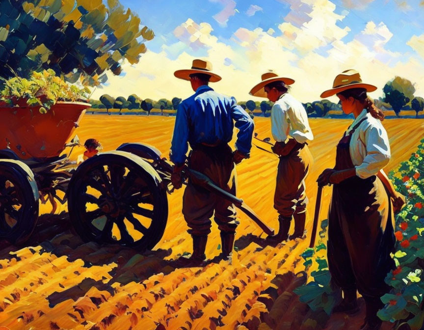 Farmers with horse-drawn cart in sunny field with child nearby