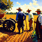 Farmers with horse-drawn cart in sunny field with child nearby