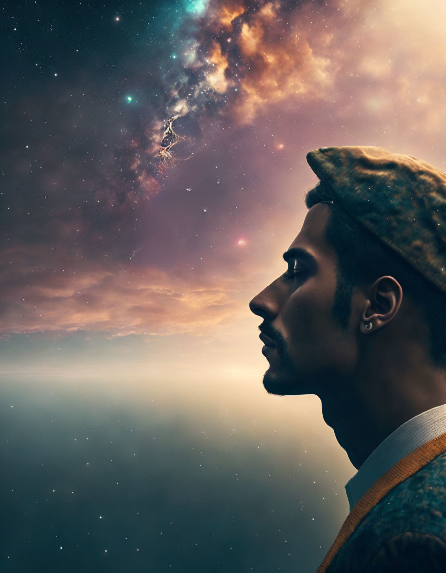 Profile of a contemplative person in cosmic setting with stars and nebulae