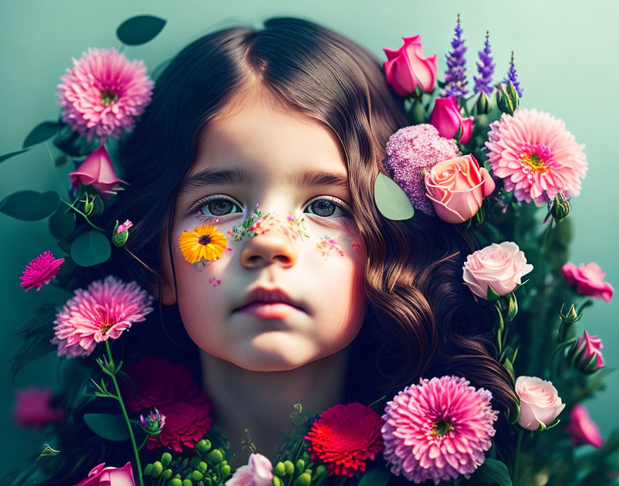 Young girl with wavy brown hair amidst vibrant flowers and scattered petals