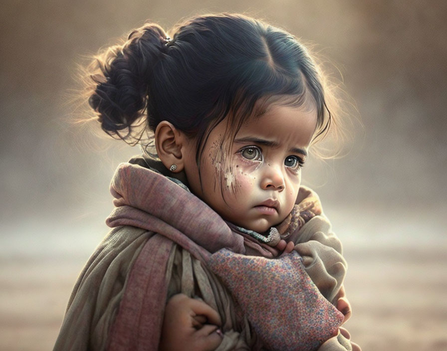 Sad young girl with teary eyes, shawl, dusty face, and messy bun hairstyle.