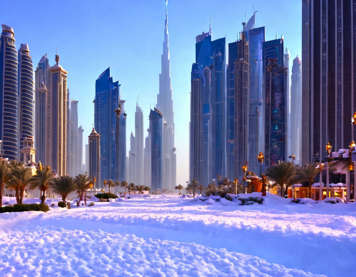 Cityscape with Burj Khalifa and snow-covered palm trees under blue sky