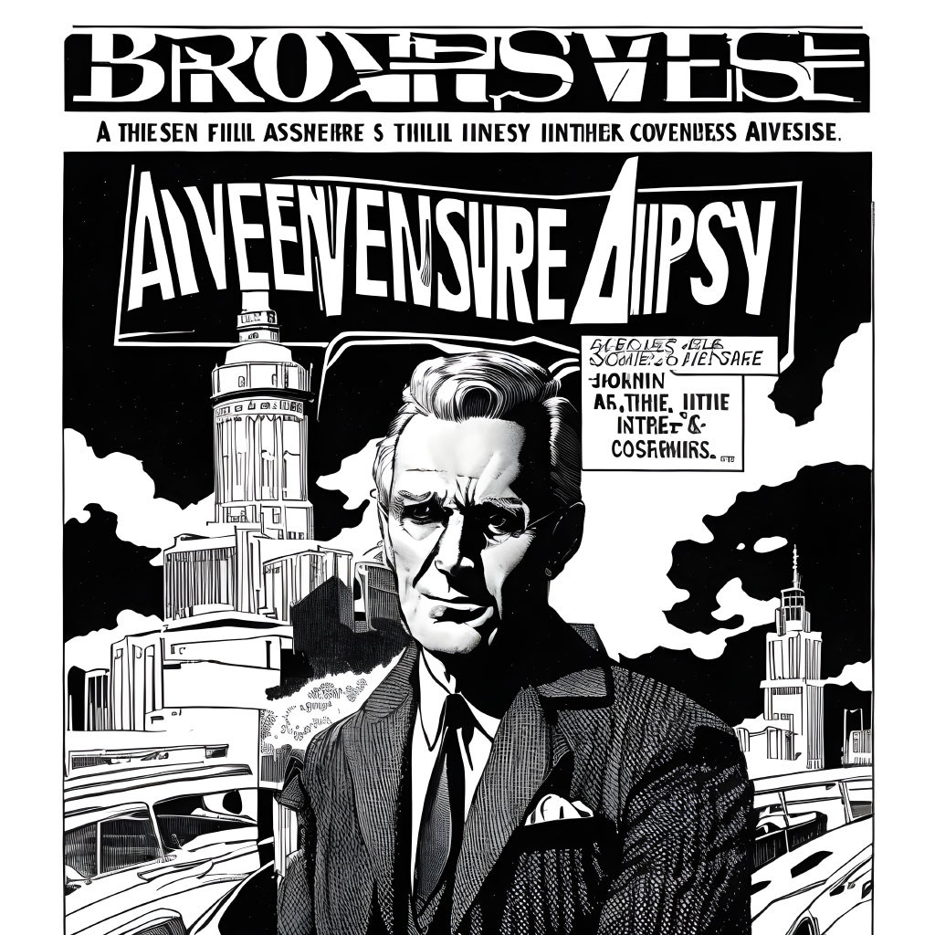 Monochrome comic-style illustration of a serious man in a suit against a cityscape.