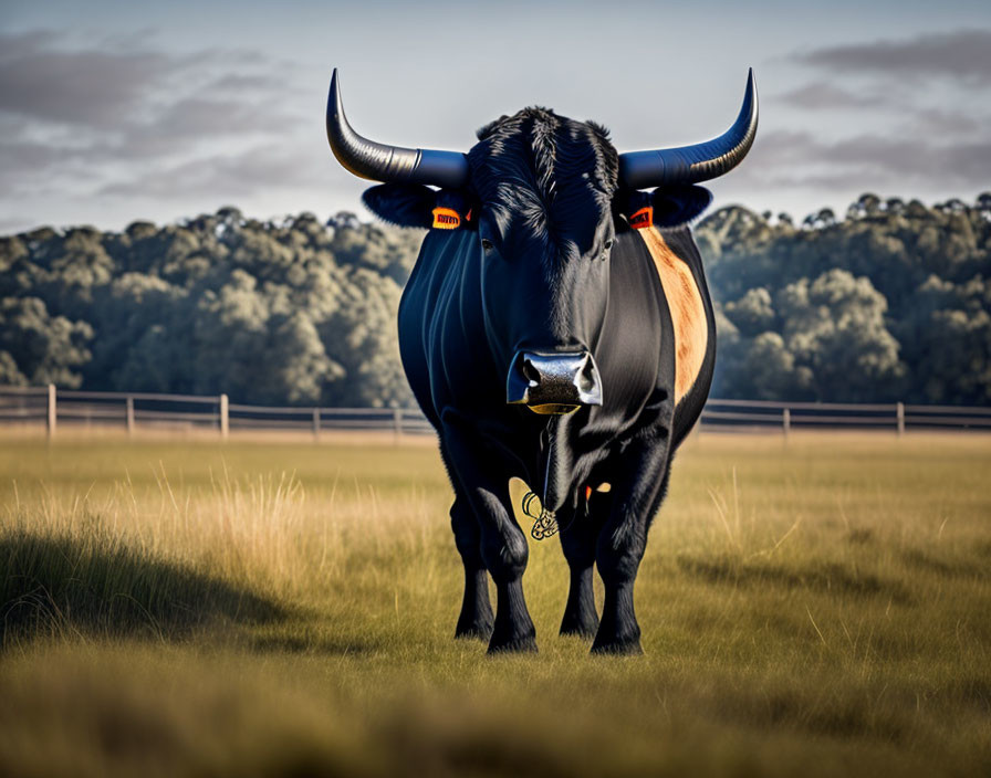 Majestic black bull with large curved horns in fenced field