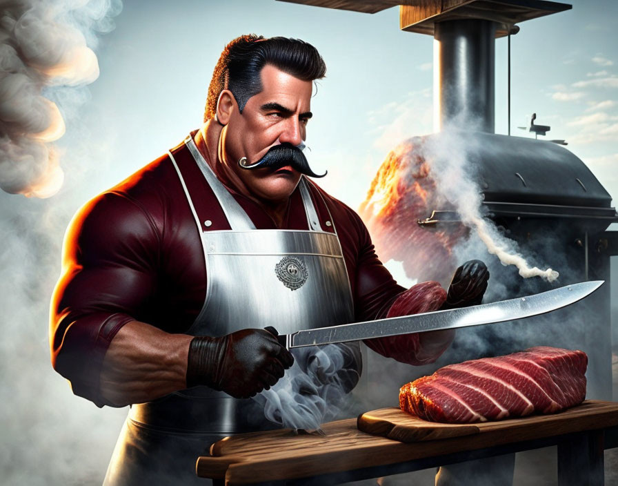 Animated chef with large mustache sharpening knife by smoking grill