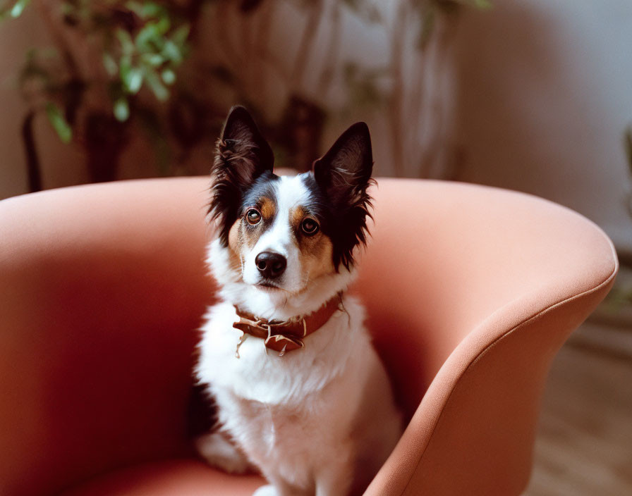 Black and white dog with pointed ears on pink chair with indoor plants