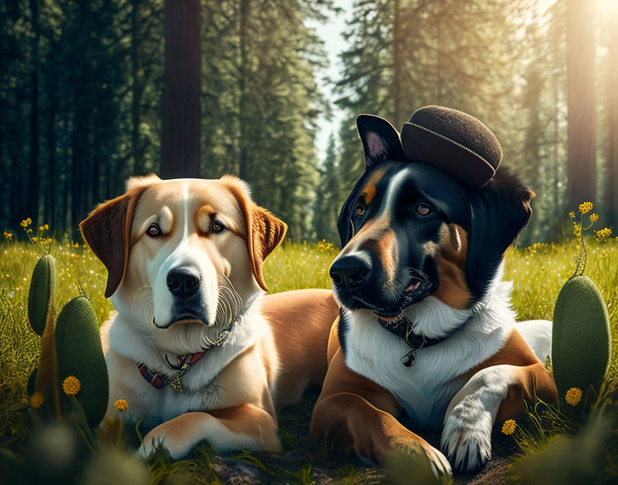 Two dogs with bowler hat and studded collars in sunny forest clearing