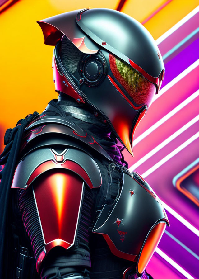 Futuristic figure in red and black armor with glowing visor on neon-lit background