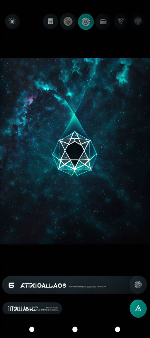 Space-themed wallpaper with 3D shape and Greek lettering on mobile screen