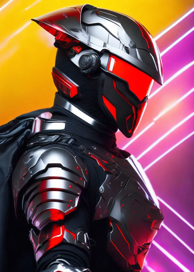 Futuristic red and silver helmet and armor on vibrant yellow and purple background