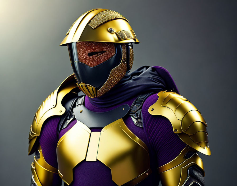 Futuristic gold and purple armor with face-concealing helmet