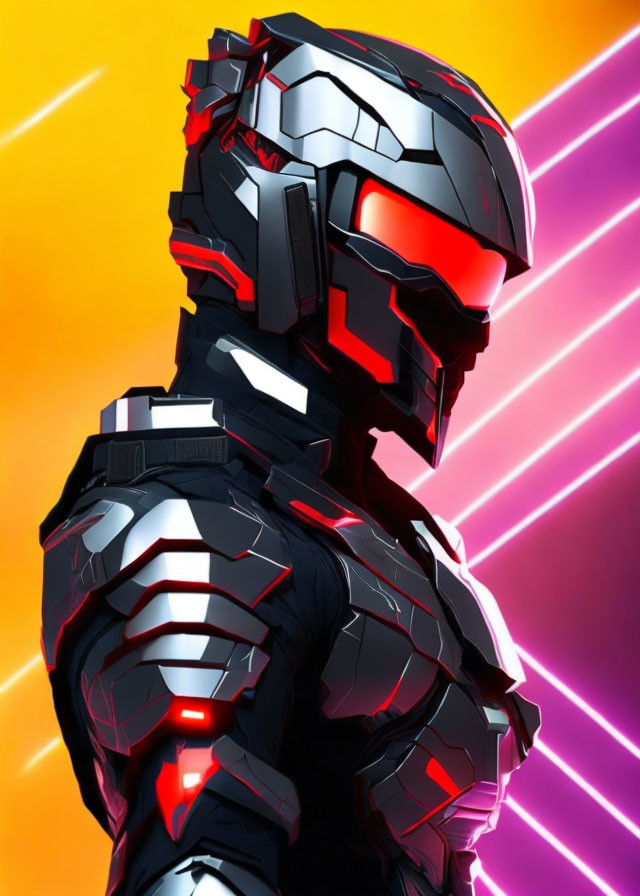 Armored futuristic figure with glowing red visor on orange and purple backdrop