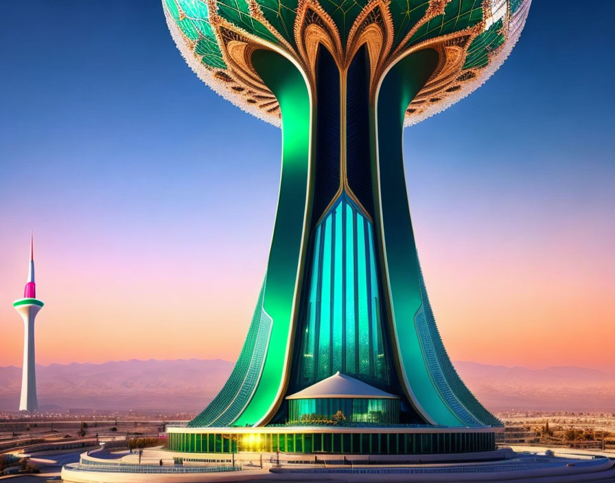 Ornate futuristic tower glowing at dusk against mountain backdrop