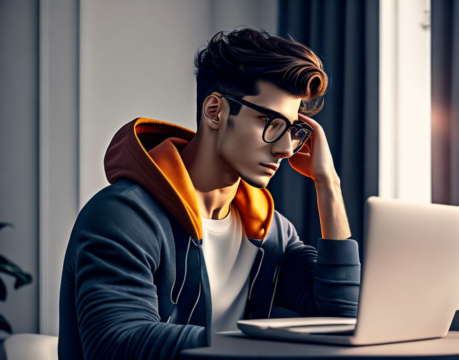 Stylish young man with glasses and laptop in well-lit room