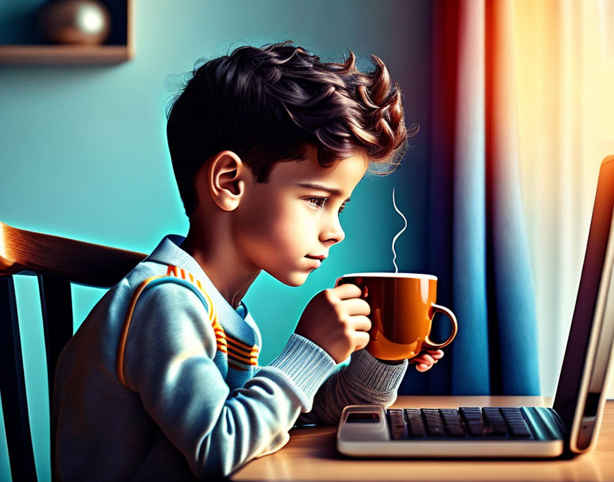 Young boy with wavy hair holding a mug at desk with computer, looking out window.