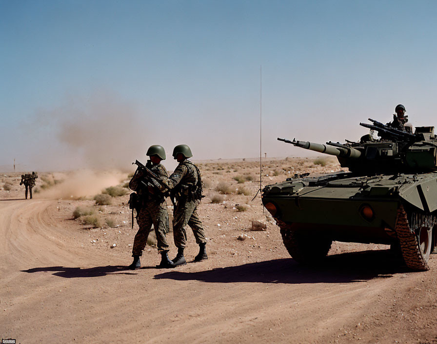 Military soldiers with tank on dusty road