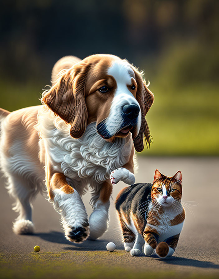 Brown and White Dog and Cat with Green Eyes Observing Balls