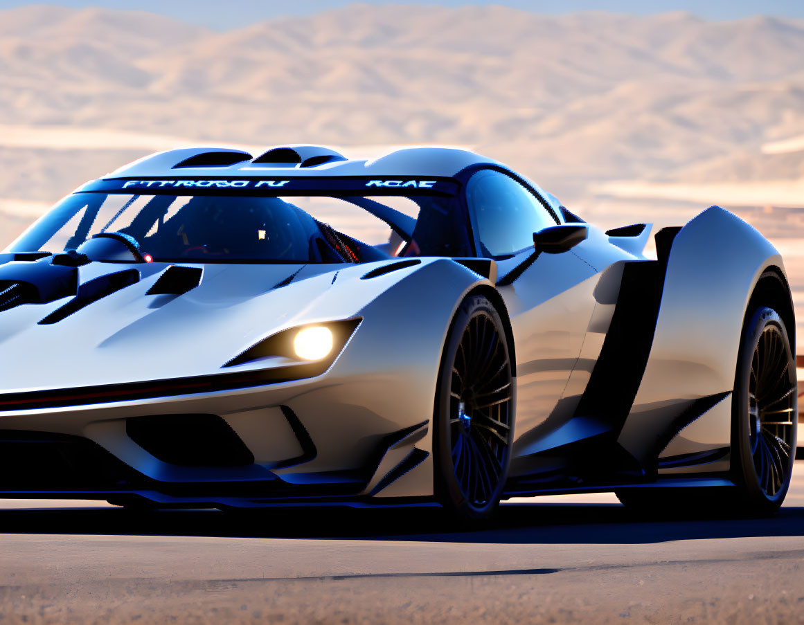 Dynamic aerodynamic race car design against desert backdrop