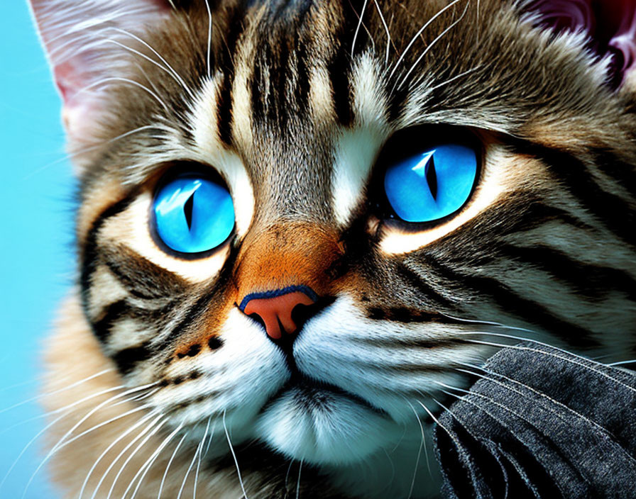 Striking blue-eyed cat with tabby markings and striped hand.