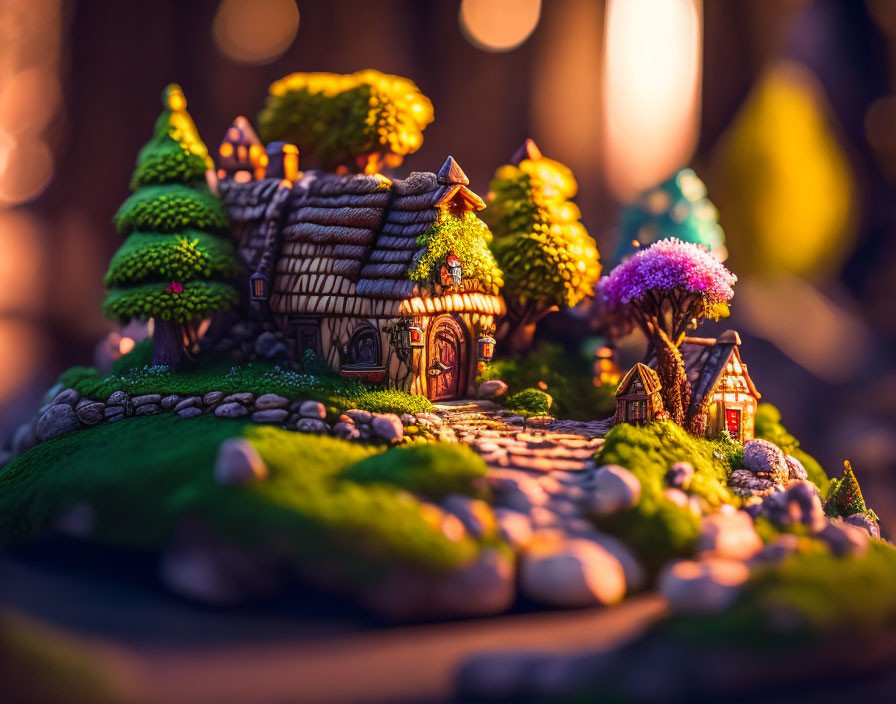 Detailed miniature fairy tale village nestled in lush greenery