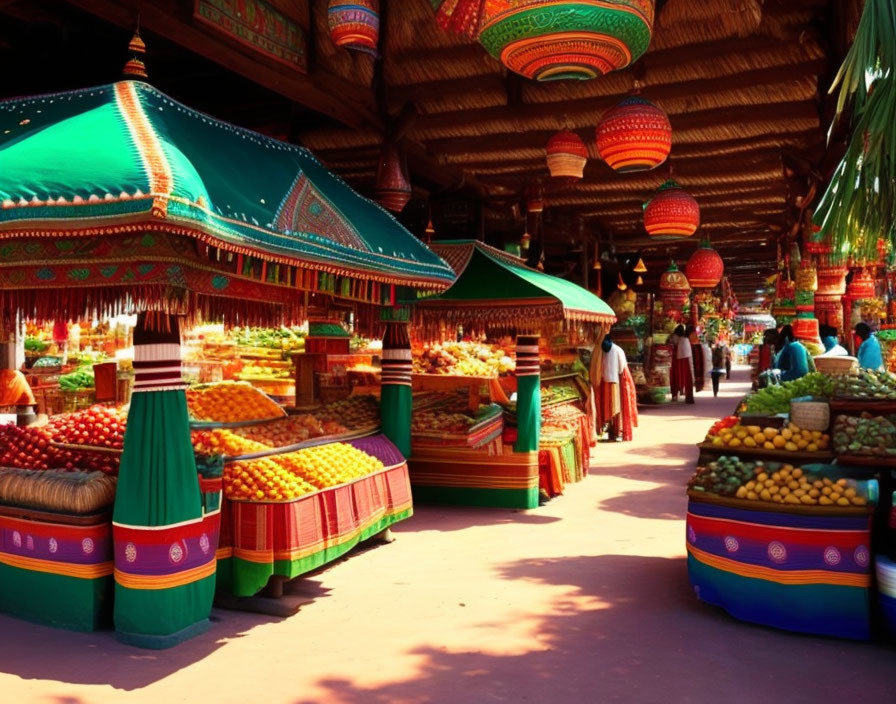 Colorful Fruit Stalls in Festive Market Setting