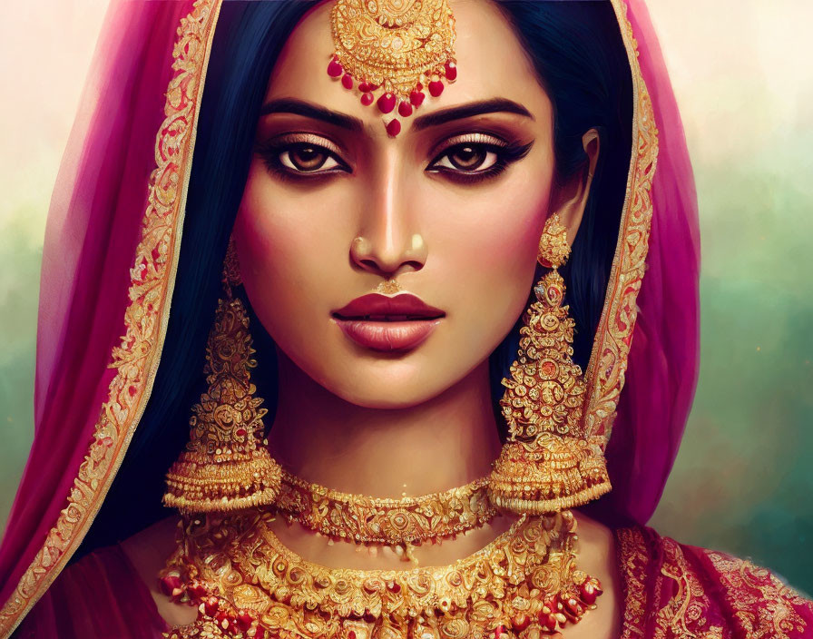 Traditional Indian bridal attire with intricate jewelry and vibrant pink veil