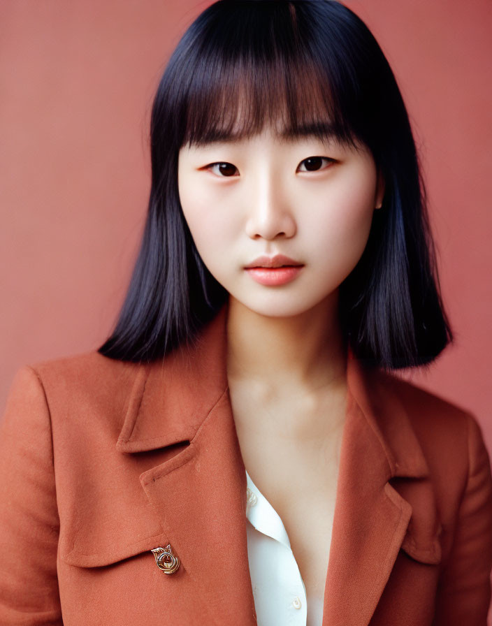 Dark-haired woman in burnt orange blazer on red background