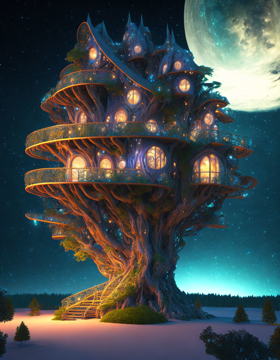 Glowing multi-tiered treehouse in ancient tree under moonlit sky